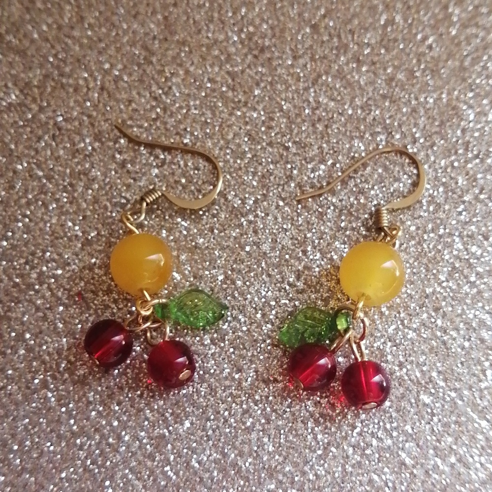 Gorgeous Carnelian Beads And Cherries Dangle Earrings, New